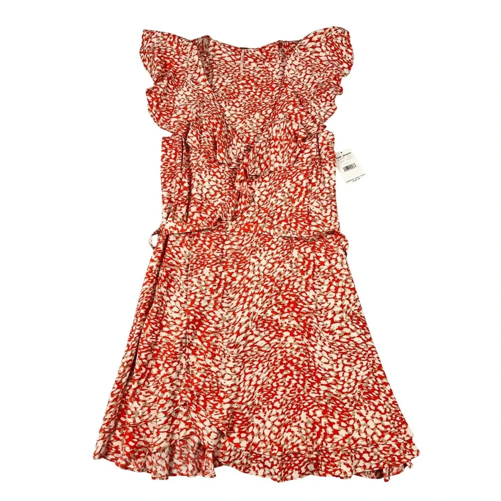 Free People Pop Combo Red Ruffle Wrap Mini Dress Womens Large Boho Cottage‎ New
